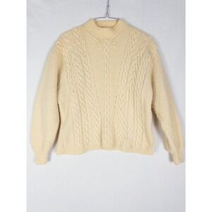VTG Jones New York 100% Wool Fisherman Sweater Womens L Ivory Chunky Winter
